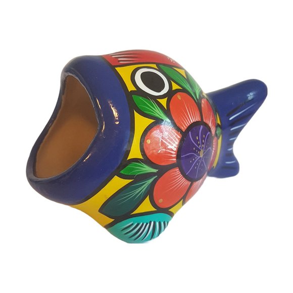 Vintage Mexican Folk Art Ceramic Big Mouth Fish Sponge Holder Hand painted Blue - Picture 1 of 16